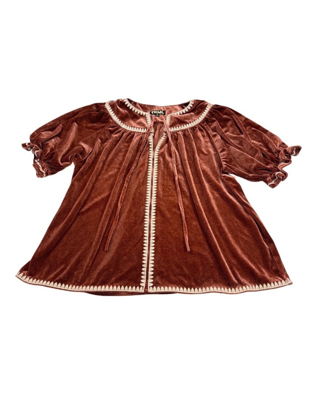 THML Velvet Boho Peasant Top With Embroidered Trim Size M (M951)
